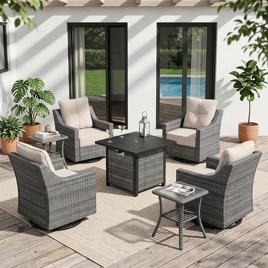 7 Piece Patio Furniture Set with 6" Thick Cushions, Weather-Resistant Wicker Swivel Rocker High Back Chairs and Fire Pit Table for Porch Yard Deck