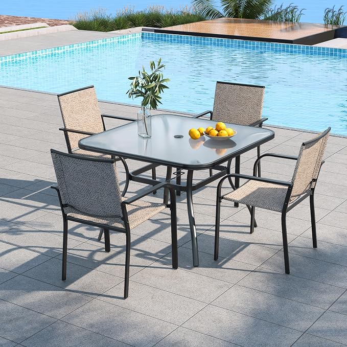 5 Piece Outdoor Dining Set with 37" Square Glass Table and BeigeGrey Chairs | 4 Piece Stackable Chairs Textilene Seat and Back, Table & Chair with Metal Frame, Square Glass Table Top, 1.7" Umbrella Hole