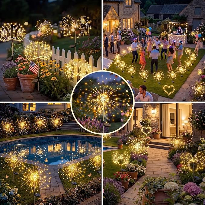 Solar Firework Lights, 8 Pack 120 LEDs 8 Lighting Modes Solar Fairy Garden Lights Outdoor Waterproof for Yard Patio Walkway Pathway Party Wedding Balcony Decorative- Warm White