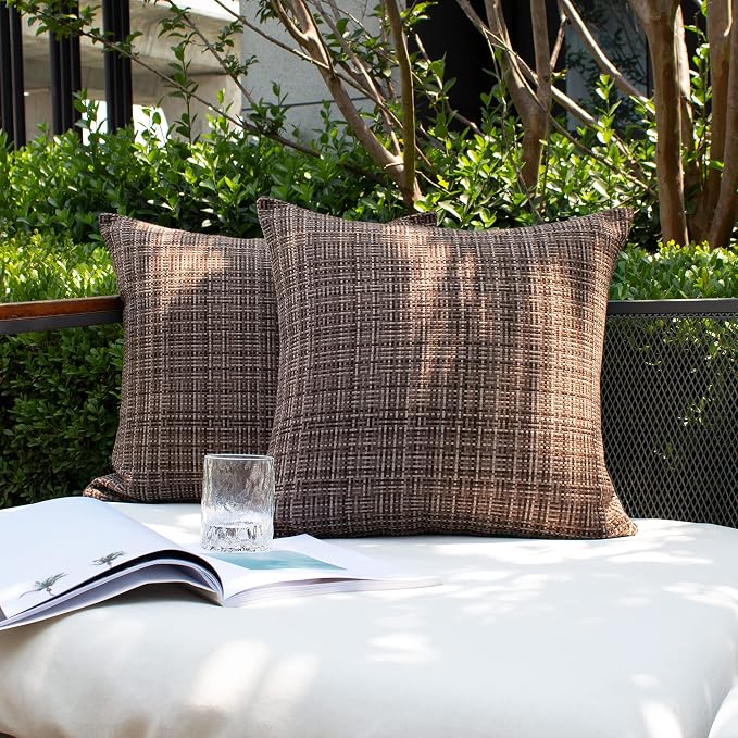 Kevin Textile Outdoor Waterproof 18x18 Inch Pillow Covers 2 Pack, Brown | Water Resistant, Faux Linen Yarn-dyed, Woven Texture Throw Pillow Covers for Tent Patio Garden Couch Sofa
