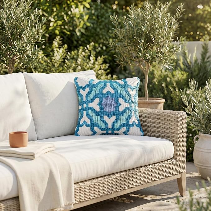 Fab Habitat Outdoor Premium Recycled Plastic Pillow - Waterproof, Fade Resistant - Spanish Tile Farmhouse - Patio, Porch, Deck, Balcony - Seville - Multicolor Blue - 20" x 20"