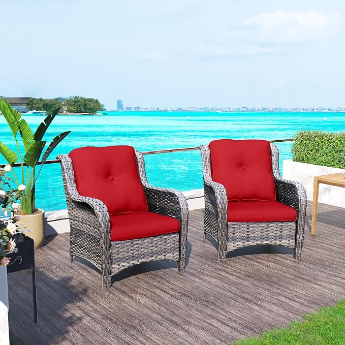 Outdoor Wicker Chair Rattan Dining Chairs Set of 2 PE Wicker Patio Chairs with 3.5 inch Seat Cushions Outdoor Patio Seating Chair for Garden, Backyard Swimming Pool, Balcony, Red