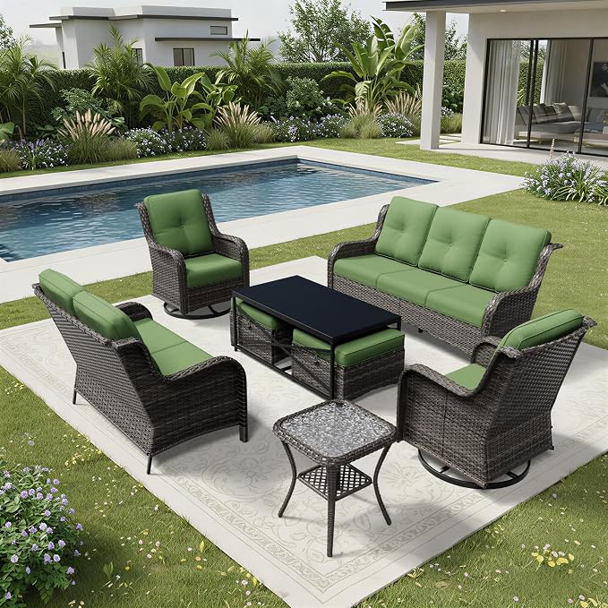 Joyside 8 Piece Wicker Patio Furniture Set, Outdoor Swivel Rocker Patio Chairs with High Back, Deep Seating, Wide Armrest, Thickened Cushions, Outdoor Furniture for Deck, Porch Use