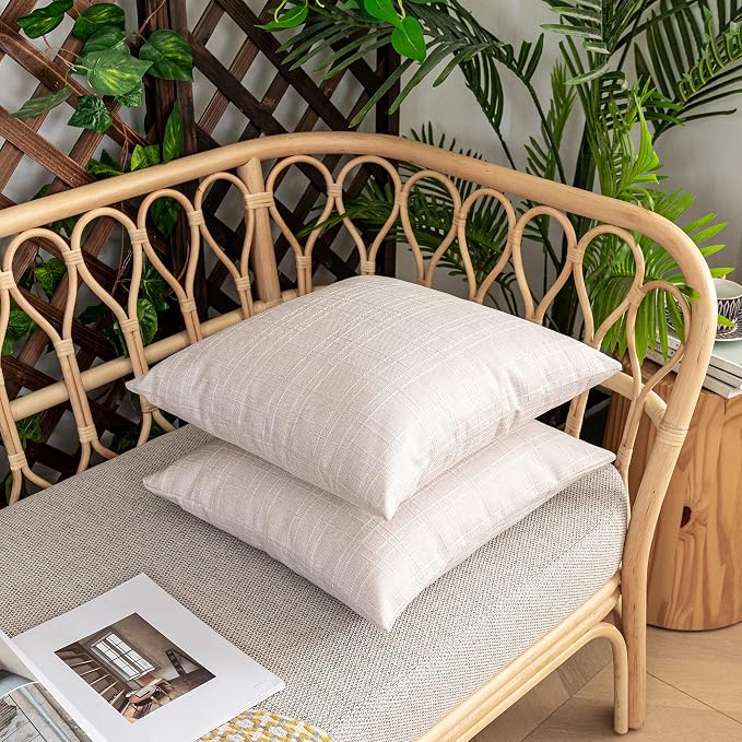 Kevin Textile Outdoor Waterproof 24”x24” Pillow Covers 2 Pack, Light Beige | Water Resistant, Soft Faux Linen-cotton Yarn-dyed Woven Texture Throw Pillow Covers for Tent Patio Garden Couch Sofa