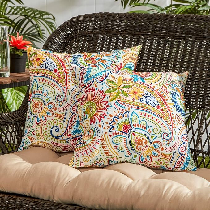 South Pine Porch Outdoor 17-inch Square Accent Pillow, Set of 2, Jamboree Paisley