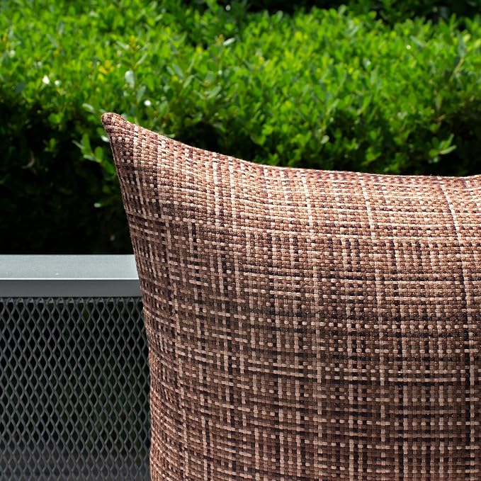 Kevin Textile Outdoor Waterproof 26x26 Inch Pillow Covers 2 Pack, Coffee | Water Resistant, Faux Linen Yarn-dyed, Woven Texture Euro Throw Pillow Covers for Tent Patio Garden Couch Sofa