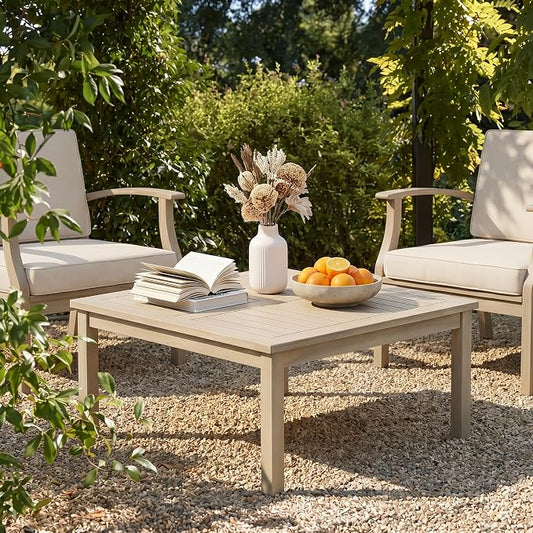 Christopher Knight Home Mason Outdoor Coffee Table for Patio Furniture Set, Weather Resistant Acacia Wood Accent Table With Slatted Dessign, Rustic Square Side Table for Yard Garden Porch, Light White