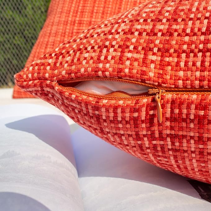 Kevin Textile Outdoor Waterproof 26x26 Inch Pillow Covers 2 Pack, Red | Water Resistant, Faux Linen Yarn-dyed, Woven Texture Euro Throw Pillow Covers for Tent Patio Garden Couch Sofa