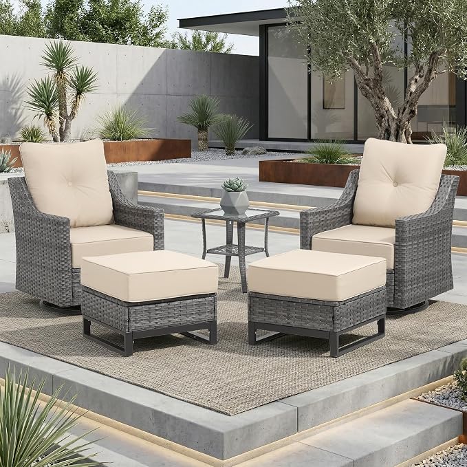 5 Piece Patio Furniture Set, Grey Wicker Outdoor Conversation Set with 2 Swivel Rocker Chairs, 2 Ottomans and Side Table, 6-Inch Thick Cushions, Beige Olefin Covers for Patio, Porch