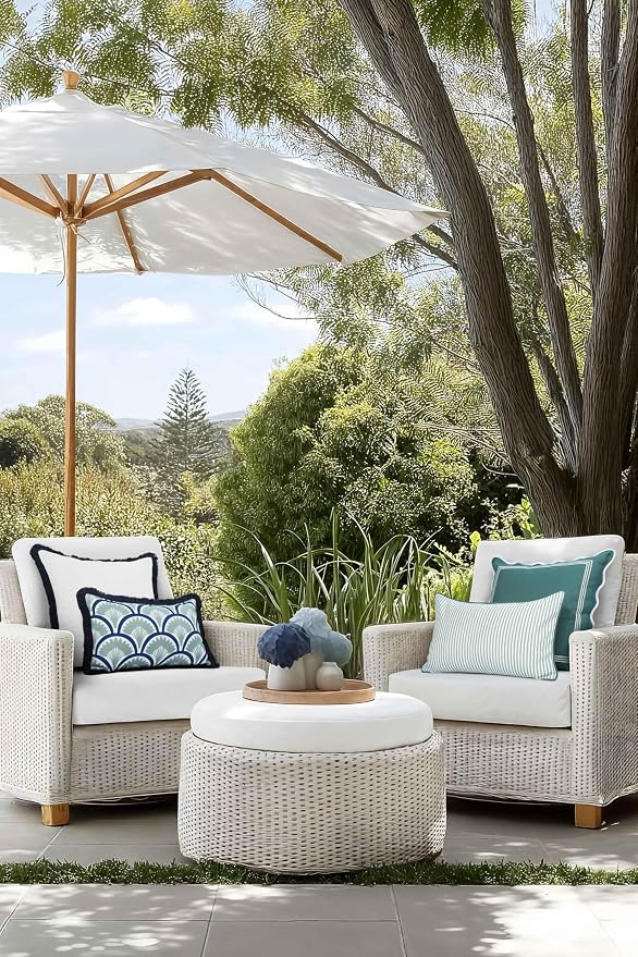 Hofdeco Premium Coastal Grandmillennial Patio Indoor Outdoor Lumbar Pillow Cover Only, 12"x20" Water Repellent for Backyard, Couch, Poolside, Celadon Green Print Stripes