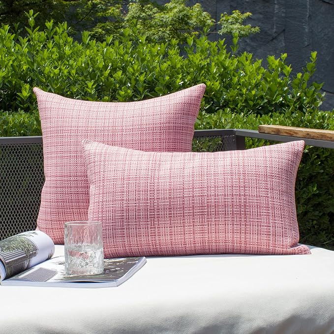 Kevin Textile Outdoor Waterproof 16x16 Inch Pillow Covers 2 Pack, Pink | Water Resistant, Faux Linen Yarn-dyed, Woven Texture Throw Pillow Covers for Tent Patio Garden Couch Sofa