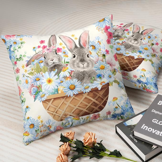 Easter Bunny Pillow Covers 18x18 Spring Rabbit Daisy Floral Throw Pillow Covers A Basket Filled with Lovely Bunny and Flowers Pillowcase Cushion Case for Sofa Patio Garden 2 Pack