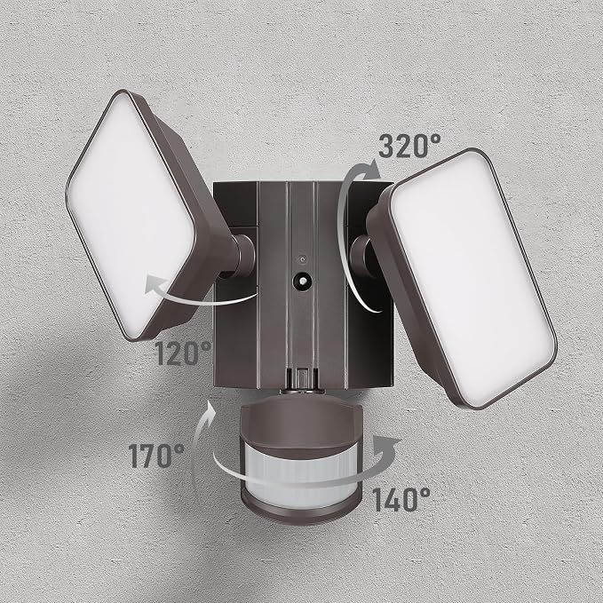 LEONLITE LED Security Light with GFCI Outlets Flood Lights 5000K Bronze | 28W Motion Sensor & Dusk to Dawn Flood Lights Outdoor, Adjustable 2-Head, Wet Location, Daylight, ETL Listed