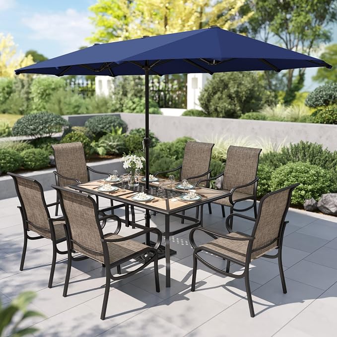 PHI VILLA 8 Pcs Outdoor Dining Set with 13ft Umbrella, Mesh Dining Chairs | 60'' wood-look rectangular table, 6 patio textilene chairs and 13ft navy blue umbrella(NO BASE) for deck, garden, backyard