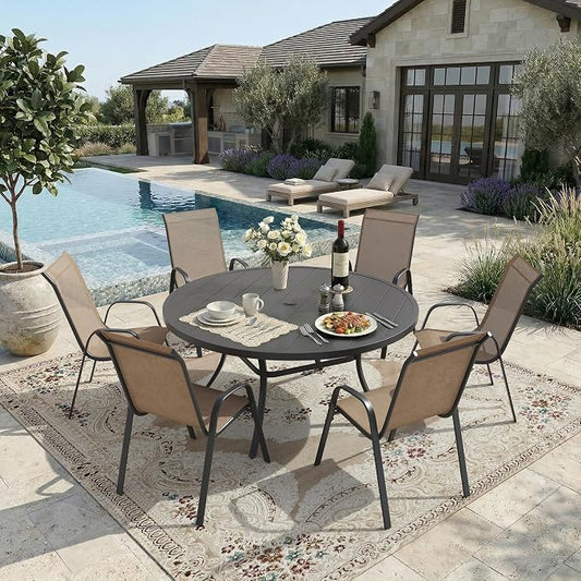 DIFY 7 Piece Outdoor Dining Set, 50" Black Round Metal Patio Table and Brown Textilene Stackable Chairs for 6, All Weather Patio Furniture Set with Umbrella Hole for Backyard Garden Deck