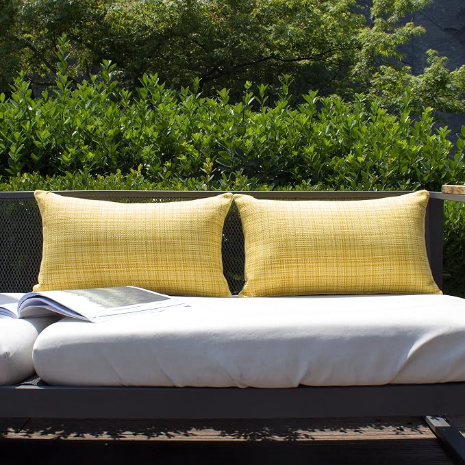 Kevin Textile Outdoor Waterproof 12"x20" Lumbar Pillow Covers 2 Pack Yellow | Water Resistant, Faux Linen Yarn-dyed, Woven Texture Throw Pillow Covers for Tent Patio Garden Couch Sofa