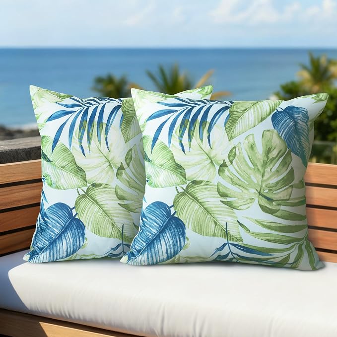 Outdoor Pillow Covers 18x18 Inch, Waterproof Throw Pillow Covers Pack of 2, Water-Resistant Decorative Pillow Case for Patio Furniture Tent Garden, Tropical Leaf, Green, Cover ONLY