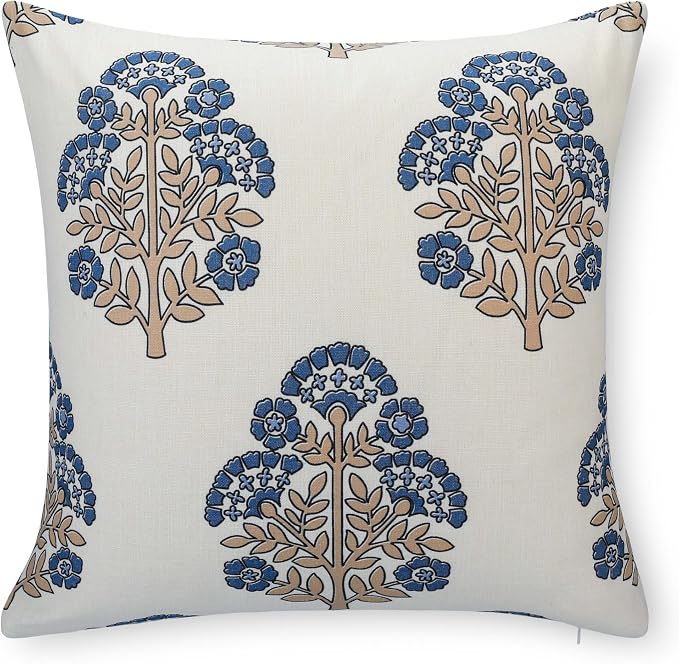 California Casual Coastal Indoor Outdoor Throw Pillow Cover, 20"x20" Water Repellent for Patio, Backyard, Couch, Poolside, Earth Tone Tan Azure Blue Block Print Hydrangea Flowers
