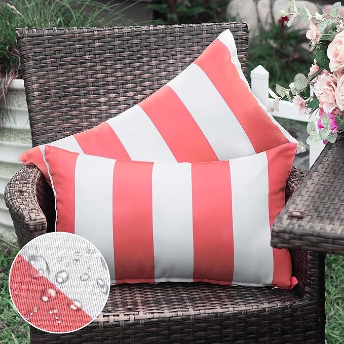 Pack of 2 Decorative Outdoor Waterproof Striped Throw Pillow Covers 12x20 | Pink,Solid, Polyester Linen Garden Farmhouse Cushion Cases for Couch Sofa Patio Tent Balcony