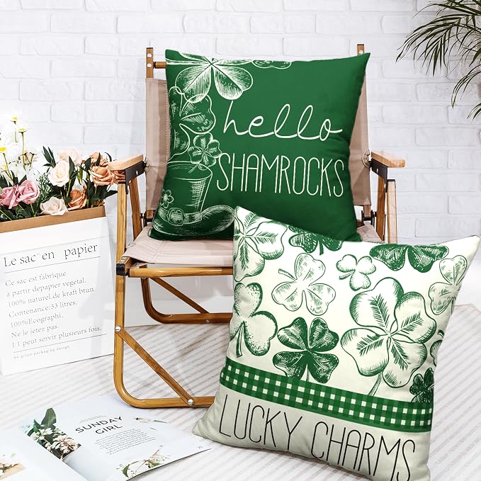 St Patricks Day Hello Shamrocks Pillow Covers 20x20 Green Lucky Charm Cushion Case Clover Hat Cotton Linen Pillowcase for Living Room March Holiday Decor Set of 2
