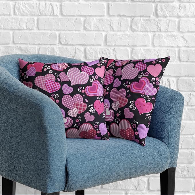 Valentines Pillow Covers 20x20 Pack of 2 Pink Purple Hearts Flowers Throw Pillow Covers Valentines Day Pink and Black Cushion Case Cotton Linen Pillowcase for Couch Sofa Patio