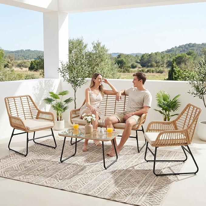 4 Piece Outdoor Wicker Patio Conversation Bistro Set, Rattan Patio Furniture Set with Table and Cushions, Conversation Loveseat Chairs for Backyard, Balcony, Beige