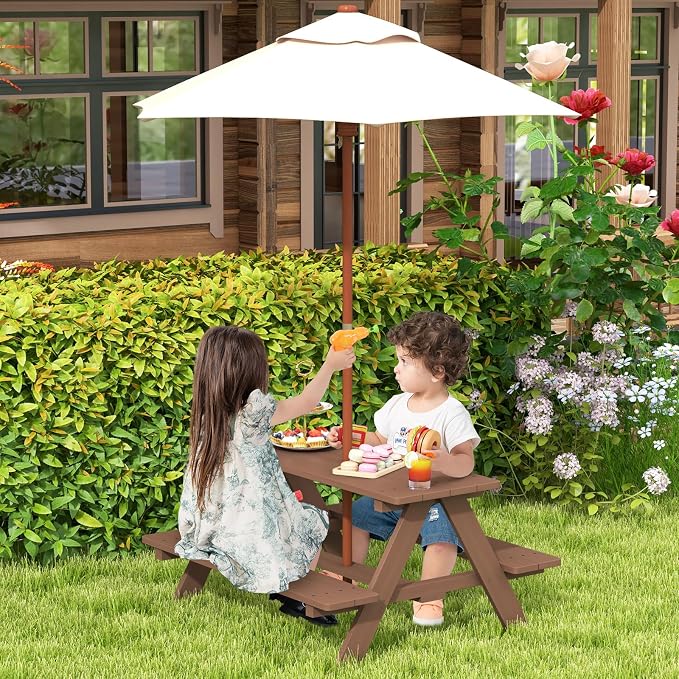 HONEY JOY Kids Picnic Table, Toddler Outdoor Table & Bench Set, Wooden Children Patio Furniture with Folding Umbrella, Kids Picnic Tables for Outdoors, Gift for Boys Girls