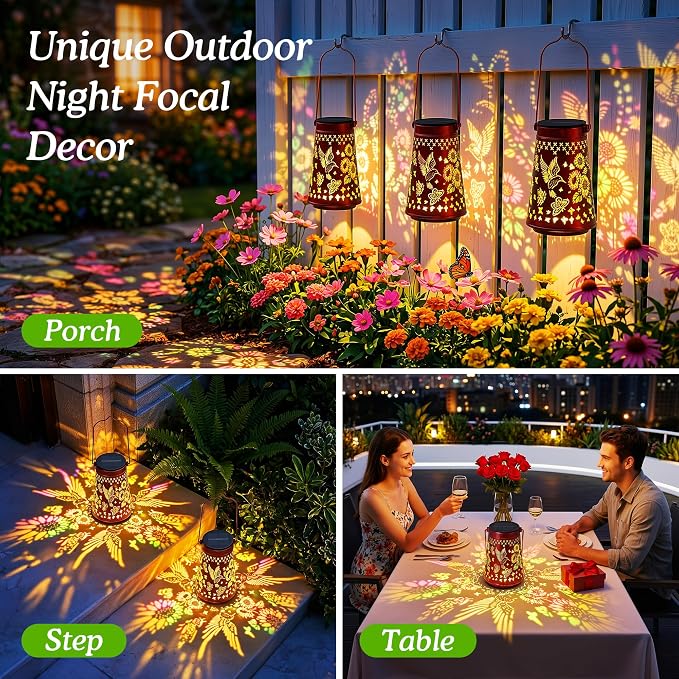 2 Pack Hummingbird Solar Lanterns Outdoor Solar Lights | Sunflowers and Butterflies, Metal Hanging Lights for Patio, Pathway, and Yard, Garden Decor Gifts for Women, Mom & Grandma