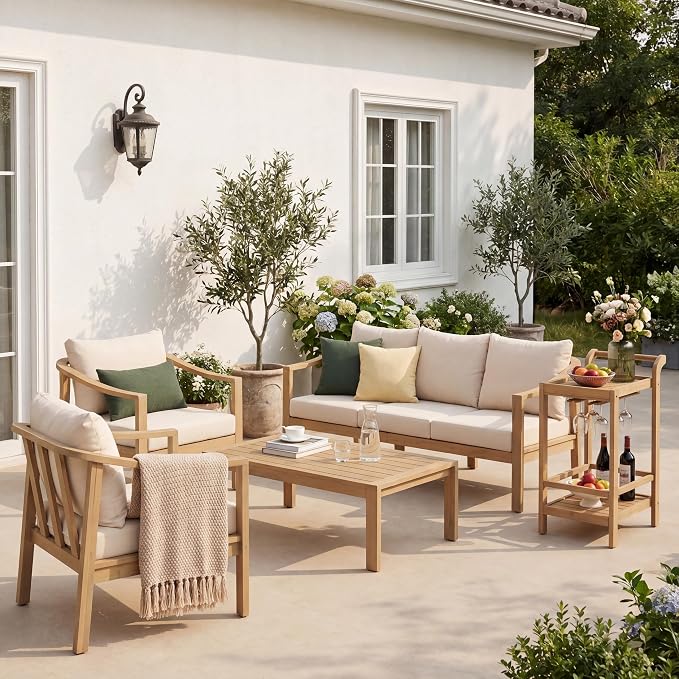 Merax 4 Piece All-Weather Acacia Wood Outdoor Furniture Set, 5-Seater | Patio 3-Seater Sofa, 2 Club Chairs with Coushions, 1 Coffee Table, Conversation Set for Backyard, Deck, Poolside, Teak+ Beige