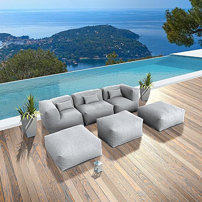 Patio Furniture Set Bean Bag 6 Pieces Outdoor Chairs Sectional Conversation Patio Set Daybed Furniture Outdoor Sofa Couch High Density Foam Filling Modern Comfy Patio Couch, Dark Gray