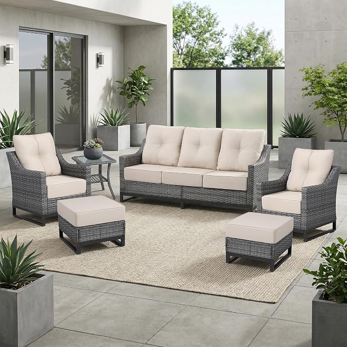 6 Piece Patio Furniture Set, Grey Wicker Outdoor Conversation Set with 2 Wicker Chairs, Sofa, 2 Ottomans and Side Table, 6-Inch Thick Cushions, Beige Covers for Porch, Deck, Patio