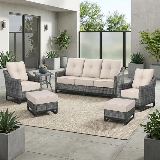 6 Piece Patio Furniture Set, Grey Wicker Outdoor Conversation Set with 2 Wicker Chairs, Sofa, 2 Ottomans and Side Table, 6-Inch Thick Cushions, Beige Covers for Porch, Deck, Patio