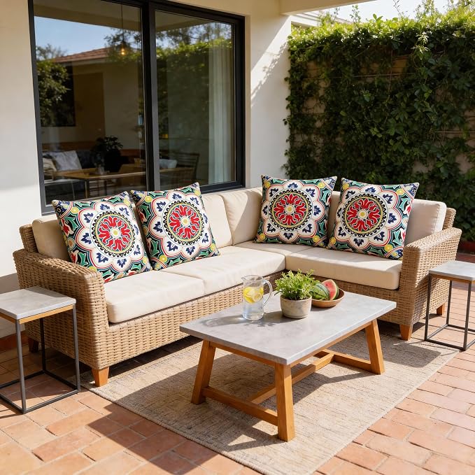 Volans 18" x 18" Outdoor Throw Pillows with Inserts Pack of 4, Waterproof Square Toss Pillows for Backyard, Bed, Couch, and Patio Furniture, Colorful Mandala
