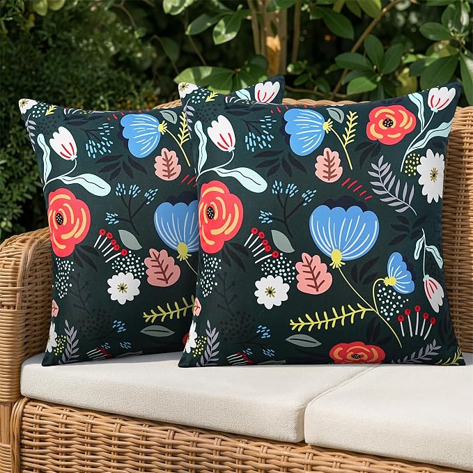 Pyonic Waterproof Outdoor Pillow Covers 18x18 Set of 2, Colorful Floral Decorative Cushion Covers for Patio Furniture, Garden, Balcony,Sunbrella， Boho Nordic Outdoor Indoor Home Decor,Dark Green