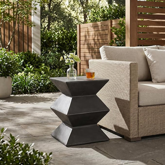 Outdoor Concrete Side Table, Cylinder Patio End Table, Faux Stone Accent Table with Geometric Pedestal for Indoor Outdoor, Garden Stool Coffee Table for Patio, Garden, Backyard - 15.5" Black MgO