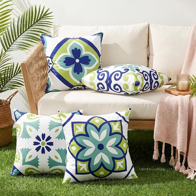 Outdoor Pillow Covers 18x18 Set of 4, Blue Green Morden Geometric Pattern Waterproof Throw Pillow Cover, Decorative Boho Farmhouse Cushion Cases for Summer Patio Funiture Garden Bench Couch