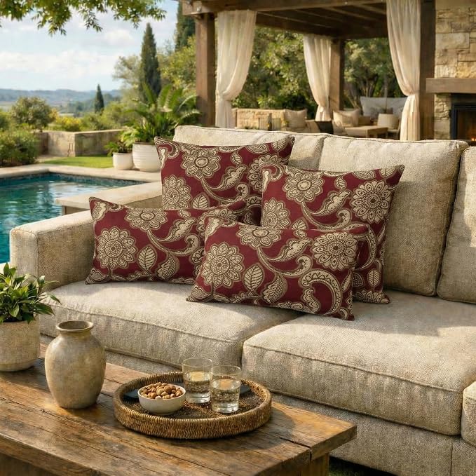 RSH DECOR: Outdura Lumbar & Square Pillows Set of 4 | 20" x 12" & 20" x 20" | Water and Fade-Resistant Fabric | Outdoor Throw Pillows for Patio Furniture | Made in USA (Veranda Crimson)