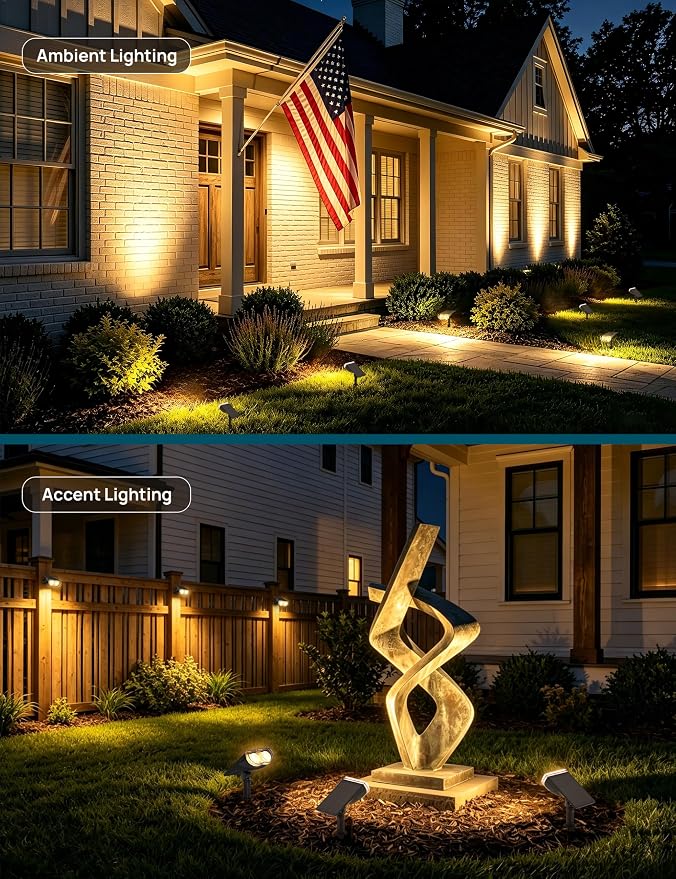 Linkind Solar Lights Outdoor Waterproof LED Spotlights Warm White 2 Pack | Starray, 3 Lighting Modes, 650LM, 3000K, Dusk to Dawn, In-Ground Wall-Mounted for Landscape Yard Garden Tree Flag Pathway