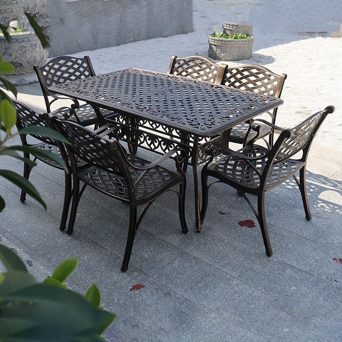 5 Piece Outdoor Patio Dining Set, All-Weather 58.66" Cast Aluminum Table and Chairs Set of 4, Bistro Set Outdoor with Umbrella Hole for Garden, Porch