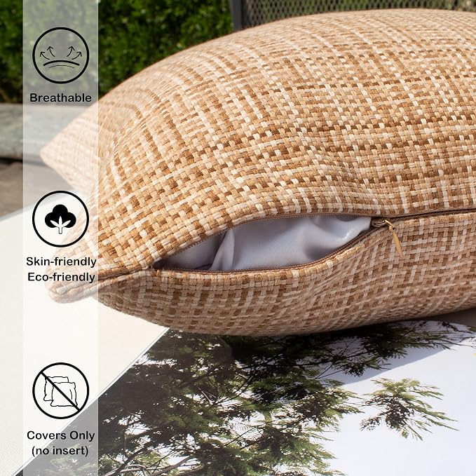 Kevin Textile Outdoor Waterproof 18x18 Inch Pillow Covers 2 Pack, Beige | Water Resistant, Faux Linen Yarn-dyed, Woven Texture Throw Pillow Covers for Tent Patio Garden Couch Sofa