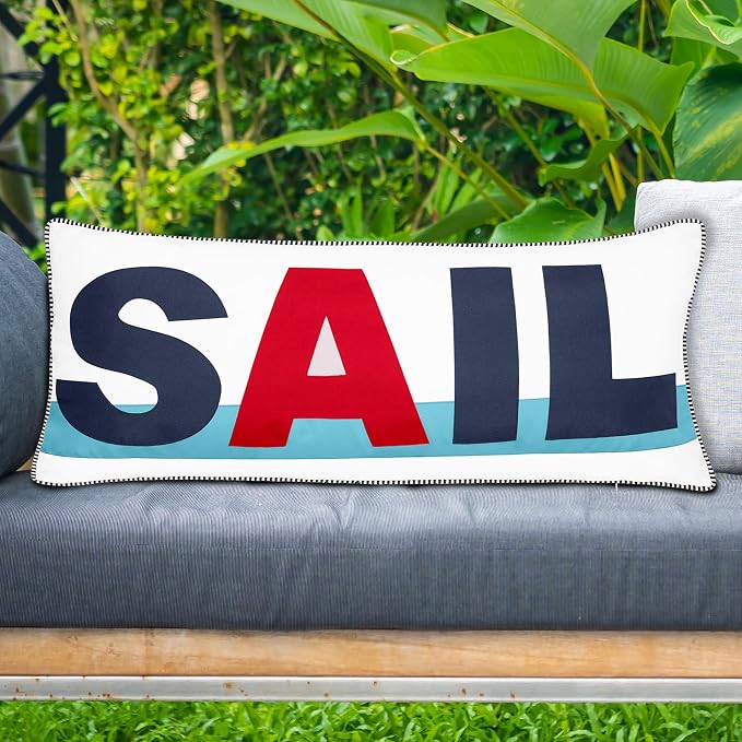 Edie At Home Bold Sail Nautical Decorative Throw Pillow for Patio Furniture, Sofa, Chair, or Bedroom, Reversible, Indoor and Outdoor Collection, 30 x 15 inches, Navy/White