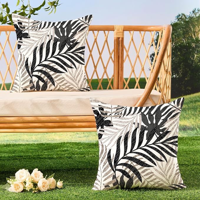 Allorry Outdoor Pillow Covers 18x18 Set of 2 Hawaii Tropics Palm Leaves Black Brown Floral Pattern Decoration Pillow Covers for Spring Summer Outdoor Waterproof Garden Patio Sofa Bed Decor JB010-G18
