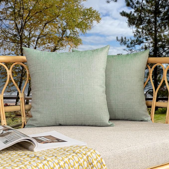 Kevin Textile Outdoor Waterproof 18”x18” Pillow Covers 2 Pack, Mint | Water Resistant, Soft Faux Linen-cotton Yarn-dyed Woven Texture Throw Pillow Covers for Tent Patio Garden Couch Sofa