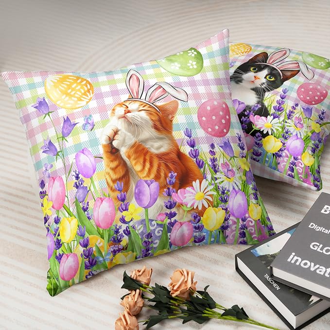 Spring Easter Pillow Covers 18x18 Set of 2 Lovely Cow Cat and Ginger Cat Wearing Bunny Ears Throw Pillow Covers Tulip Floral Pillow Case for Easter Decoration Sofa Patio Garden
