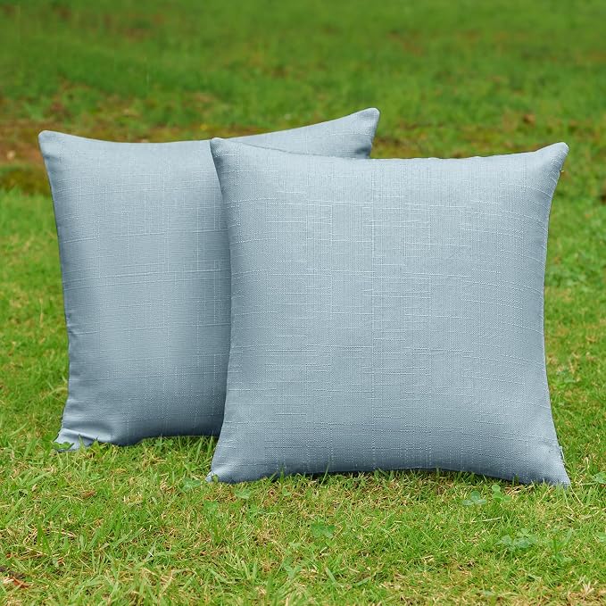 NiNi ALL Waterproof Outdoor Pillow Covers 18x18 Set of 2 Patio Light Blue | Faux Linen Textured Decorative Solid Throw Pillow Covers Farmhouse for Garden Furniture Tent Balcony Couch Sofa Cushion
