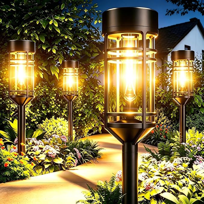 Amzarp 12 Pack Solar Garden Lights, Bright LED Solar Pathway Lights Outdoor IP65 Waterproof Rugged Shatterproof Auto On/Off for Landscape Garden Yard Walkway Driveway Lawn Lighting (3000K Warm White)