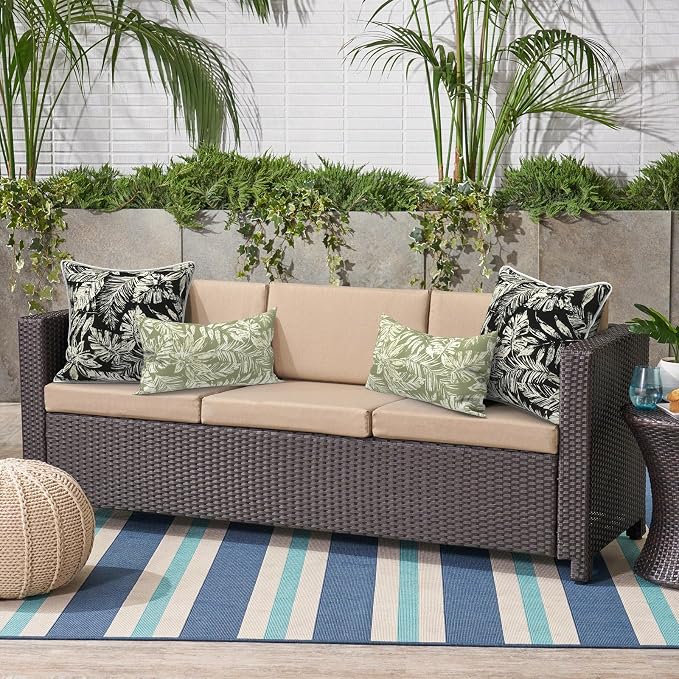 Outdoor Throw Pillow Covers Pack of 2, Decorative Water Repellent Square Pillow Cases with Piping 18x18 Inch, Tropical Leaf Black