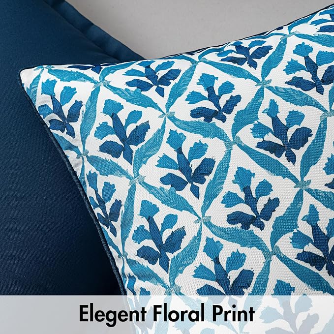 MIULEE Outdoor Floral Pillow Covers Waterproof 20x20 Navy Blue | Decorative Block Print,Boho Farmhouse, Set of 2 Coastal Summer Cushion Covers with Piping,Garden Patio Furniture Porch Couch