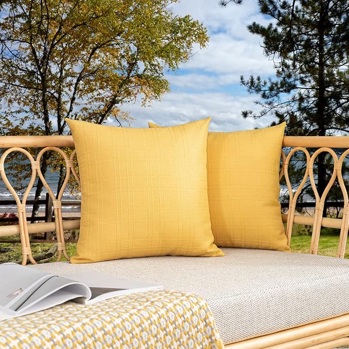 Kevin Textile Outdoor Waterproof 26”x26” Pillow Covers 2 Pack, Yellow | Water Resistant, Soft Faux Linen-cotton Yarn-dyed Woven Texture Throw Pillow Covers for Tent Patio Garden Couch Sofa