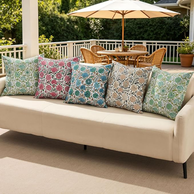Allorry Outdoor Waterproof Pillow Covers 20x20 Brown Floral Outdoor Decor | Set of 2 Vintage Floral Block Print Pillow Cover,Farmhouse Boho Decorative for Spring Summer Outdoor Sofa Bedroom Decor